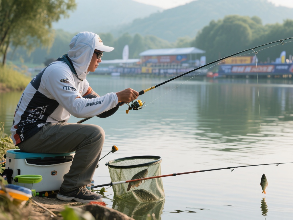 在宁静的湖畔，微风拂过水面，鱼竿轻颤的那
